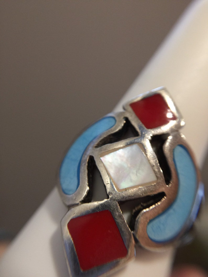 Vintage statement one of a kind ring Navajo Sterling silver ring With Turquoise Mother of Pearl and Red Onix details