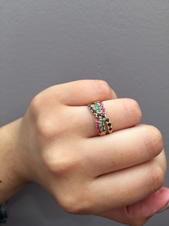 Sapphire Emerald and Ruby Half Eternity Band, 14k… - image 1