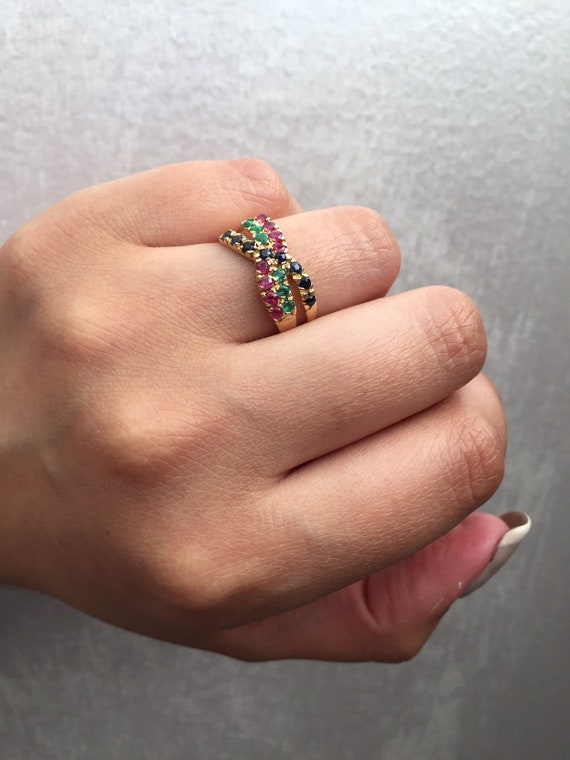 Sapphire Emerald and Ruby Half Eternity Band, 14k… - image 2