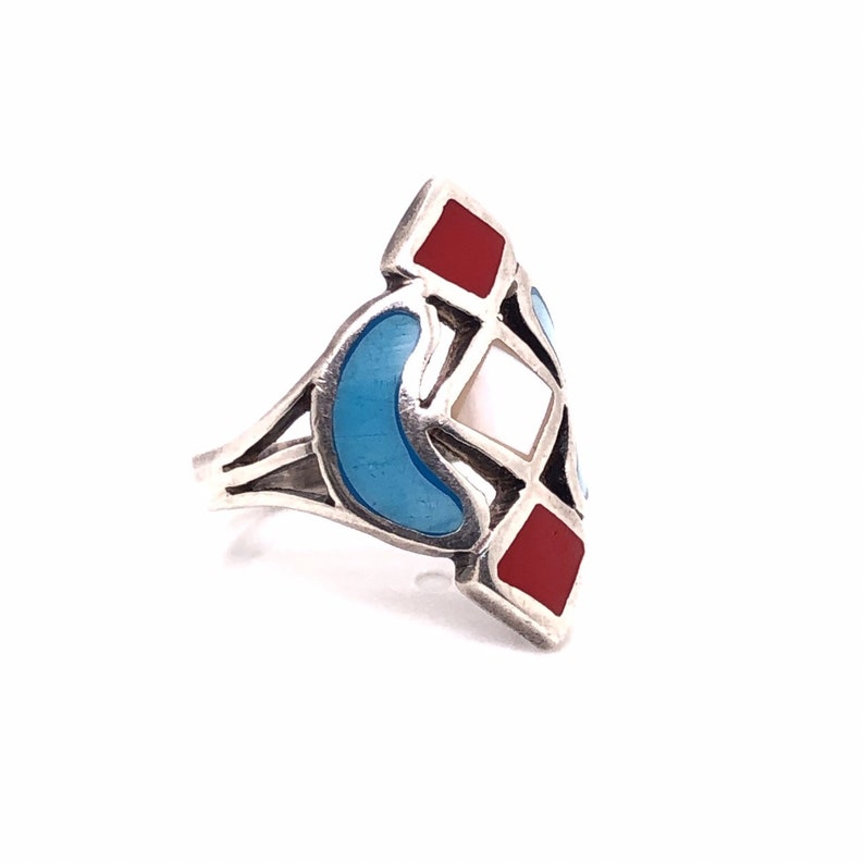 Vintage statement one of a kind ring Navajo Sterling silver ring With Turquoise Mother of Pearl and Red Onix details