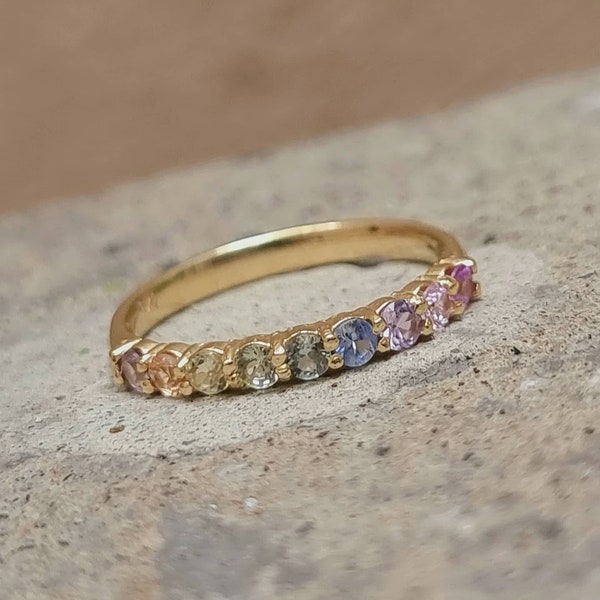 Rainbow Pastel Sapphire Mid Eternity Ring Solid 14k Gold, Jewelry Gift Ideas, dainty ring, stackable, rainbow sapphire ring