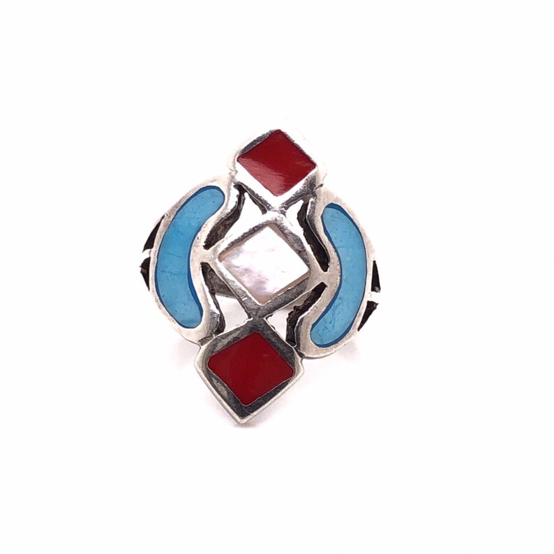 Vintage statement one of a kind ring Navajo Sterling silver ring With Turquoise Mother of Pearl and Red Onix details