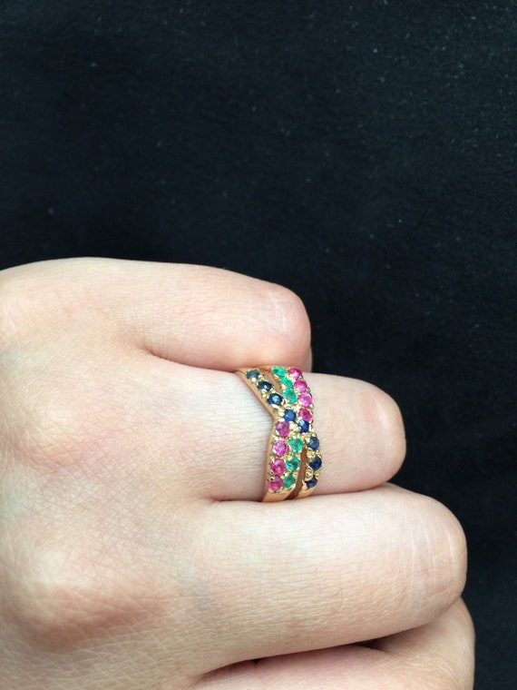 Sapphire Emerald and Ruby Half Eternity Band, 14k… - image 3