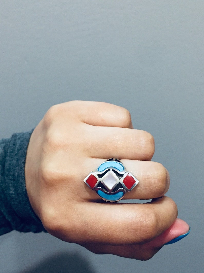 Vintage statement one of a kind ring Navajo Sterling silver ring With Turquoise Mother of Pearl and Red Onix details