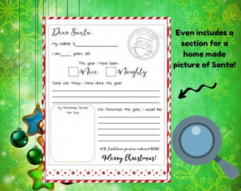 Carta imprimible a Papá Noel / DESCARGA INSTANTE / Carta de Querido Papá Noel en blanco / Lista de deseos de Navidad para niños
