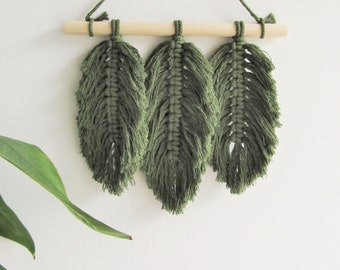 Mini Macrame Leaves Wall Hanging, Green Boho Feathers, On 20cm Wooden Dowel