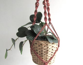 Suspension pour plante en macramé avec perles, rouille, brun rouge ou rose saumon, longueur 85 cm