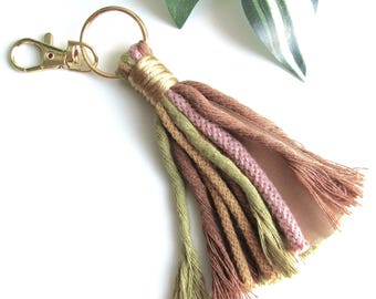 Porte-clés en macramé à pampilles, breloque de sac bohème, fermoir en or,