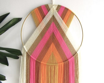 Suspension murale en macramé orange et rose, attrape-rêves en fil doré