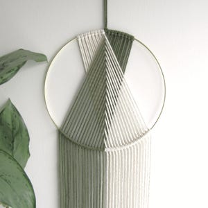 Long Green Macrame Wall Hanging, Two Tone Modern Dreamcatcher, 25cm Matt Gold Hoop