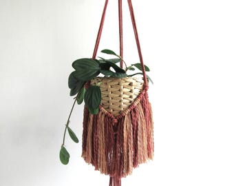 Suspension pour plante en macramé avec franges, jardinière nouée rouge rouille, longueur 80 cm