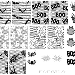 May include: A collection of Halloween-themed digital overlays featuring various designs. Includes bats, ghosts, spiderwebs, skeleton hands, and the word "BOO" in a spooky font. The overlays are in black and white, perfect for digital crafting.