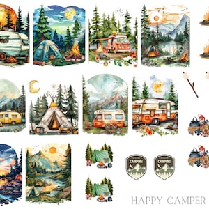 以下が含まれることがあります： キャンプとRVをテーマにしたデジタルクリップアート画像のセット。画像には、森に駐車されたキャンピングカー、空き地に設置されたテント、マシュマロを焼いた焚き火など、さまざまなシーンが含まれています。画像には「HAPPY CAMPER」というテキストも含まれています。