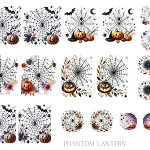 May include: Watercolor illustrations of Halloween-themed designs. The images feature spiderwebs, pumpkins, bats, and floral accents in shades of orange, black, and white. Some designs are circular, while others are rectangular.