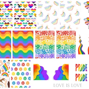以下が含まれることがあります： 虹色のPrideをテーマにしたデザインのコレクション。ハート、波線、花、虹色のストライプのパターンが含まれています。「LOVE IS LOVE」というフレーズと、虹色の「PRIDE」という単語が表示されています。