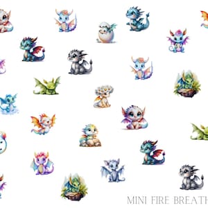 May include: A collection of 20 colourful cartoon mini dragons with different expressions and poses. The dragons are all in various colours, including blue, green, red, orange, purple, and white. The image is titled "MINI FIRE BREATHERS".