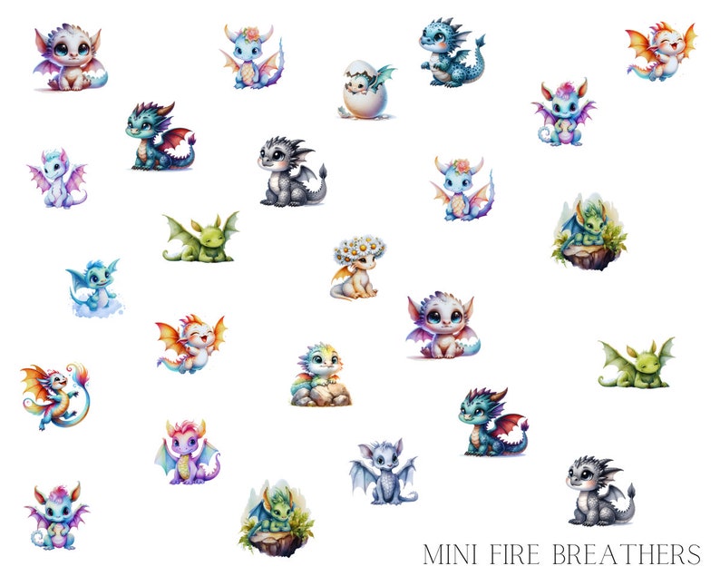 May include: A collection of 20 colorful cartoon mini dragons with different expressions and poses. The dragons are all in various colors, including blue, green, red, orange, purple, and white. The image is titled "MINI FIRE BREATHERS".