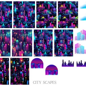 May include: A digital illustration set of cityscapes in a neon color palette. The illustrations feature buildings, clouds, and geometric shapes. The text "CITY SCAPES" is at the bottom of the image.