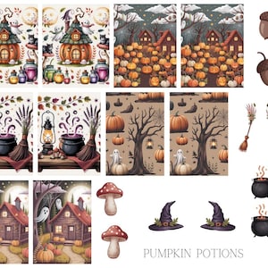Puede incluir: Una colección de ilustraciones con temática de Halloween con calabazas, sombreros de bruja, calderos y casas espeluznantes. La obra de arte incluye imágenes de botellas de pociones, fantasmas y setas al estilo acuarela. El texto "PUMPKIN POTIONS" está en la parte inferior.