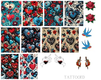 May include: A digital sheet of 12 tattoo designs featuring hearts, flowers, birds, and daggers. The designs are in a vintage style with bold colors and intricate details. The designs are perfect for anyone looking to add a touch of vintage style to their tattoos.