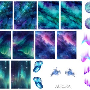 May include: A selection of watercolour designs with celestial and aurora borealis themes. The designs include rectangular panels with swirling blues, greens, and purples, along with circular and abstract shapes. The word "AURORA" is printed in a delicate font.