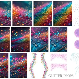 May include: A selection of digital art prints with colourful glitter and droplet designs. The images display a range of colours, including rainbow shades, with sparkling effects. The text "GLITTER DROPS" is visible at the bottom of the image.