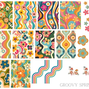 May include: A set of 10 digital papers featuring groovy retro patterns in shades of orange, yellow, blue, green, and pink. The patterns include flowers, swirls, and abstract shapes. The text "GROOVY SPRING" is at the bottom of the image.
