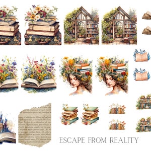 Peut inclure: Une illustration aquarelle sur le thème d'une évasion fantaisiste de la réalité. L'image présente une variété d'éléments, notamment des livres, des fleurs, un château et une serre. Les livres sont empilés, ouverts et même poussent sur la tête d'une femme. Les fleurs sont colorées et vibrantes, ajoutant une touche de fantaisie à la scène. Le château est une structure de conte de fées, et la serre est remplie de plantes et de livres. Le thème général de l'image est celui de l'évasion et de l'imagination.