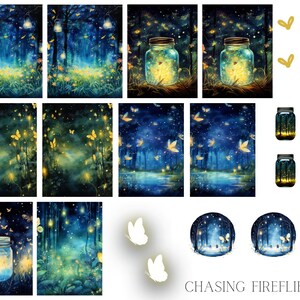 May include: A digital collage of images featuring a whimsical forest scene with fireflies, butterflies, and jars filled with glowing fireflies. The text "CHASING FIREFLIES" is at the bottom of the image.
