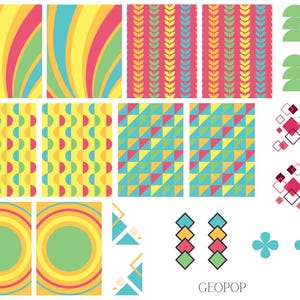 May include: A collection of colorful geometric patterns and shapes in various designs. Includes stripes, half-circles, triangles, and floral-like motifs in shades of yellow, pink, green, and blue. The word "GEOPOP" is written in black text.