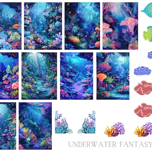 May include: A digital illustration of an underwater scene with coral reefs, fish, and other sea life. The illustration is in a vibrant colour palette of blues, greens, pinks, and yellows. The text "UNDERWATER FANTASY" is at the bottom of the image.