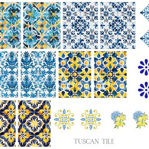 May include: A selection of watercolour Tuscan tile designs in blue, yellow, and white. The image features various tile patterns, floral motifs, and the text "TUSCAN TILE". The designs are suitable for home decor and craft projects.