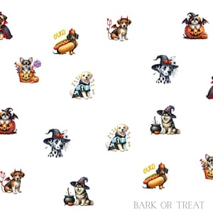 May include: A collection of watercolor illustrations of dogs dressed in Halloween costumes. The dogs are depicted as a devil, vampire, witch, and skeleton. The phrase "BARK OR TREAT" is written in a black, sans-serif font at the bottom of the image.