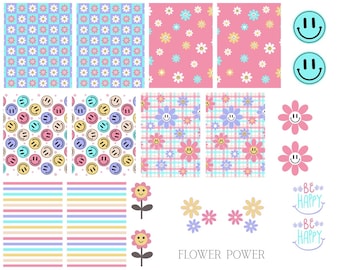 May include: A collection of colorful, patterned designs featuring smiley faces and flowers. The designs include repeating patterns of smiley faces, daisies, and plaid patterns. The phrase "FLOWER POWER" is displayed at the bottom, along with the words "BE HAPPY".