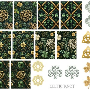 Könnte beinhalten: Eine Sammlung digitaler Papierdesigns mit keltischen Knoten und Kleeblättern in Gold und Grün. Die Designs eignen sich perfekt für die Erstellung von Bastelarbeiten, Einladungen und anderen Projekten zum St. Patrick's Day.