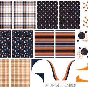 Puede incluir: Una colección de varios patrones de tela en azul marino, naranja y blanco. Los diseños incluyen cuadros, lunares, triángulos y rayas. También está presente el texto "MIDNIGHT EMBER". Estos patrones son adecuados para textiles, papelería o diseño digital.