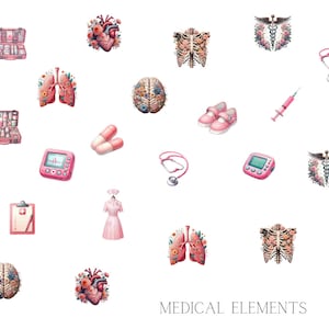 May include: A collection of pink and white medical illustrations, including a heart, lungs, brain, rib cage, stethoscope, first aid kit, syringe, and a pair of pink shoes. The text "MEDICAL ELEMENTS" is at the bottom of the image.