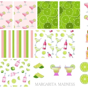 Puede incluir: Una colección de ilustraciones en acuarela con cócteles margarita, rodajas de lima y botellas de tequila. Los diseños incluyen patrones de margaritas rosas sobre fondo rosa, rodajas de lima sobre verde y rayas rosas y verdes. También está presente el texto "Margarita Madness".