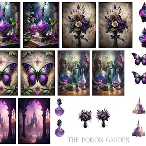 Puede incluir: Una colección de impresiones de arte digital con temas de fantasía. Las imágenes incluyen botellas de pociones con líquido púrpura, ramos de flores, mariposas e ilustraciones de castillos. El texto "THE POISON GARDEN" está en la parte inferior.