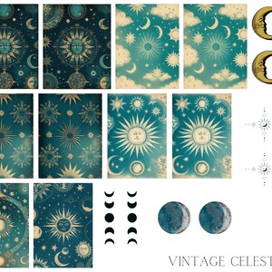 Puede incluir: Paquete de papel digital celestial vintage con fondo azul verdoso y detalles dorados. El paquete incluye varios patrones con soles, lunas y estrellas. El texto "Vintage Celestial" está en la parte inferior de la imagen.