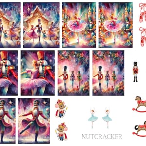 May include: A collection of watercolor illustrations featuring scenes from the Nutcracker ballet. The images include ballerinas, toy soldiers, and a mouse king, all in vibrant colors. Also included are ballet slippers and rocking horses.