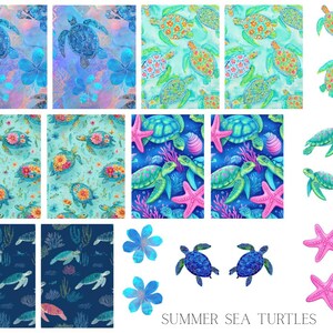 May include: A collection of watercolor illustrations featuring sea turtles, starfish, and floral elements. The designs include various patterns with turtles in shades of blue, green, and orange, set against backgrounds of blue and turquoise. The text "SUMMER SEA TURTLES" is also present.