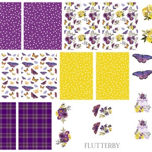 May include: A digital paper pack with various patterns and designs featuring butterflies, flowers, polka dots, and plaid. The patterns are in shades of purple, yellow, and white. The text "FLUTTERBY" is at the bottom of the image.