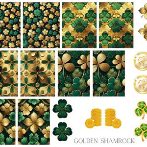 May include: A digital paper pack featuring various patterns of gold shamrocks on a green background. The pack includes a variety of shamrock designs, including single shamrocks, clusters of shamrocks, and shamrock patterns. The pack also includes gold coins and shamrocks with green gems.