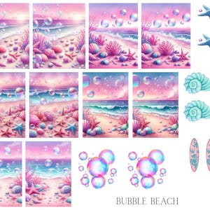 May include: Digital art featuring a beach scene with pink and purple hues. Bubbles float above the waves, with seashells, starfish, and coral on the sand. The text "BUBBLE BEACH" is at the bottom.