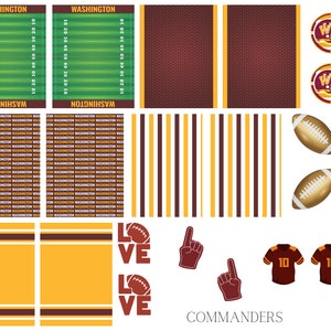 Könnte beinhalten: Ein Satz druckbarer Partydekorationen zum Thema Fußball mit einem Fußballfeld, einem Logo der Washington Commanders und den Worten "LOVE" und "COMMANDERS".