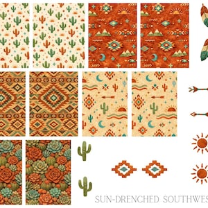 Peut inclure: Plusieurs motifs et illustrations sur le thème du Sud-Ouest. Les motifs comprennent des cactus, des formes géométriques, des plumes, des flèches et des soleils dans des tons orange, vert et beige. Le texte "SUN-DRENCHED SOUTHWEST" est en bas.