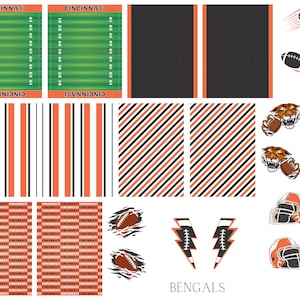 May include: A set of printable digital papers featuring a football theme. The papers include a football field, stripes, diagonal stripes, a football helmet, a football, and a tiger mascot. The text "CINCINNATI" and "BENGALS" are included on the papers.