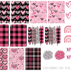 May include: A digital paper pack with a Valentine's Day theme. The pack includes various patterns with hearts, plaid, and rainbows in pink and black. The text "XOXO" and "CRUSHING ON YOU" are also included.