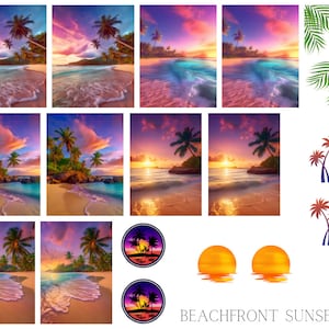 May include: A collage of digital art featuring tropical beach scenes with palm trees and sunsets. The images are arranged in a grid pattern and include various colours, such as pink, purple, orange, and blue. The text "BEACHFRONT SUNSETS" is at the bottom of the image.